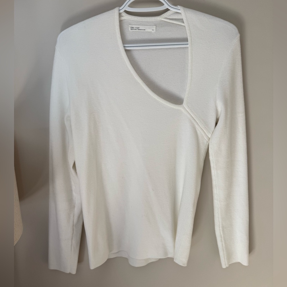 OAK + FORT Cream Asymmetric Scoop Long Sleeve Top